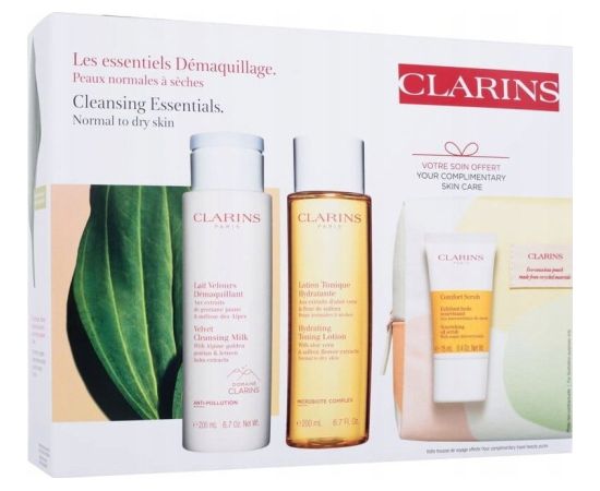 Clarins CLARINS SET (VELVET CLEANSING MILK 200ML + HYDRATING TONING LOTION 200ML + COMFORT SCRUB 15ML + COSMETICS BAG)