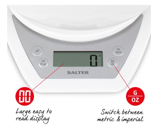 Salter 1024 WHDR14 Digital Kitchen Scales with Dual Pour Mixing Bowl White Virtuves svari