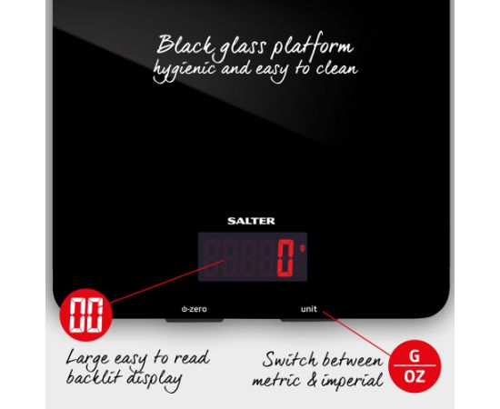 Salter 1150 BKDR 5kg Glass Electronic Kitchen Scales - Black Virtuves svari