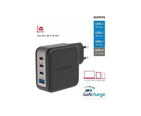 Swissten GaN 3x USB-C PD 100W / USB-A 18W QC Зарядное устройство