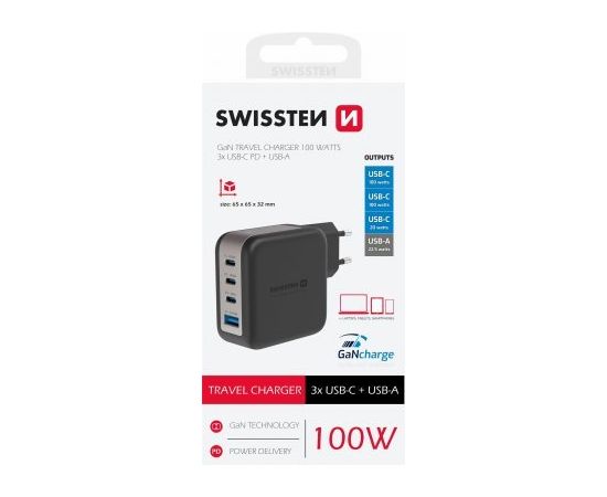 Swissten GaN 3x USB-C PD 100W / USB-A 18W QC Зарядное устройство