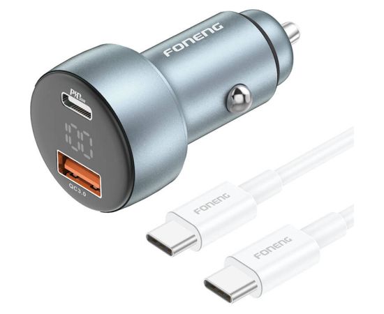 Foneng C18 1xUSB-A, 1xUSB-C 2.4A 48W car charger (grey) + USB-C to USB-C cable