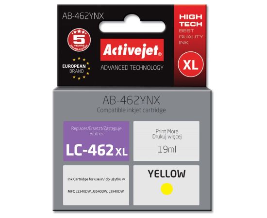 Activejet AB-462YNX Ink for Brother printer, Replacement Brother LC-462XLY; Supreme; 19 ml; yellow.