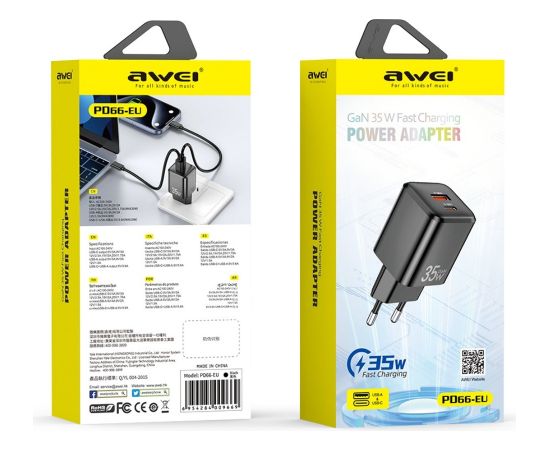 Сетевая зарядка Awei PD66-EU GaN 35W USB-A/USB-C белая