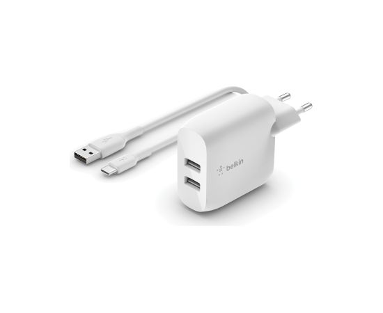 Сетевая зарядка Belkin Boost Charge Dual USB-A 24W + USB-A to USB-C cable белая