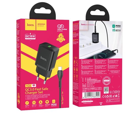 Сетевая зарядка Hoco N26 USB-A Quick Charge 3.0 18W + Type-C черная