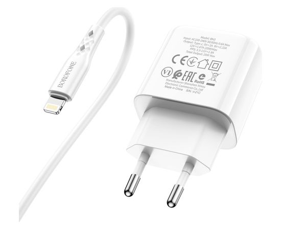 Сетевая зарядка Borofone BN3 Type-C QC 3.0, PD 2.0 20W + Lightning белая