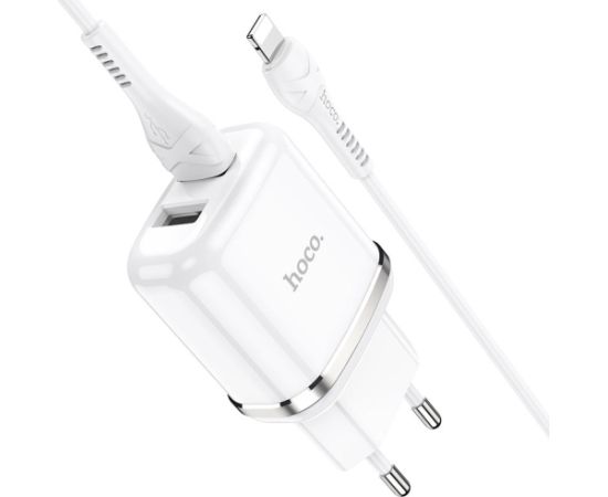 Сетевая зарядка HOCO N4 c 2 USB + Lightning  (2.4A) белая