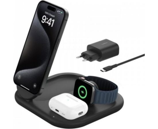 Bezvadu lādētājs Belkin BOOST Charge 3in1 Qi2 15W magn.Charg.Stand black  WIZ029vfBK