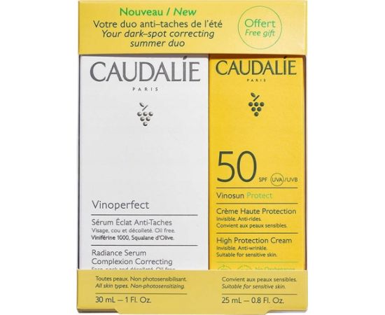 Caudalie Set Caudalie: Vinosun, Sun Protection, Sunscreen Cream, SPF 50, 25 ml + Vinoperfect, Vegan, Anti Spot, Day & Night, Serum, For Face, 30 ml Unisex