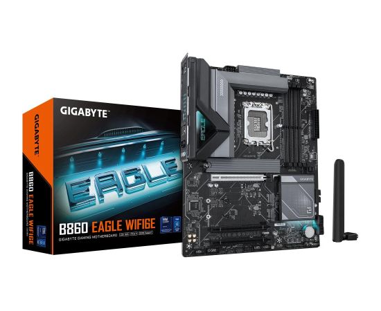 Mainboard GIGABYTE Intel B860 Express LGA1851 ATX Memory DDR5 Memory slots 4 3xPCI-Express 16x 3xM.2 1xHDMI 1xDisplayPort 1xAudio-In 1xAudio-Out 1xMicrophone 4xUSB 2.0 1xUSB 3.2 1xUSB-C 1xPS/2 1xRJ45 B860EAGLEWIFI6E1.0