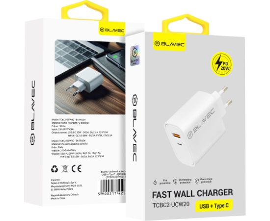 OEM Blavec Wall charger BC2 - USB + Type C - QC 3.0 PD 20W (TCBC2-UCW20) white