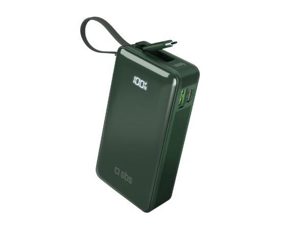 Powerbank SBS 10000mAh, 20W, LCD, integrated cable, Green