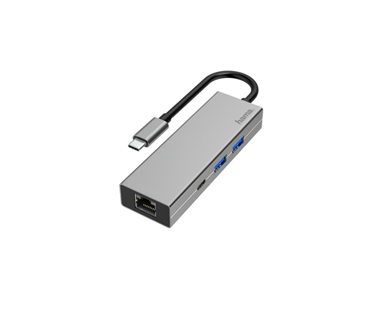 Hama USB-C Hub, 2 x USB-A, USB-C, LAN/Ethernet, sudraba - Adapteris