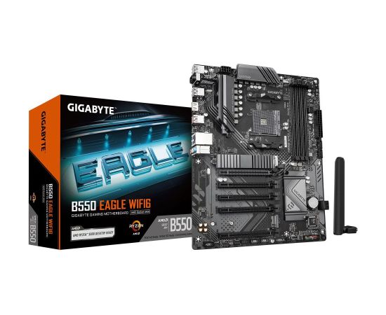 Mainboard GIGABYTE AMD B550 SAM4 ATX Memory DDR4 Memory slots 4 4xPCI-Express 1x 1xPCI-Express 16x 2xM.2 1xHDMI 1xAudio-In 1xAudio-Out 1xMicrophone 4xUSB 2.0 3xUSB 3.2 1xUSB-C 1xRJ45 B550EAGLEWIFI61.0