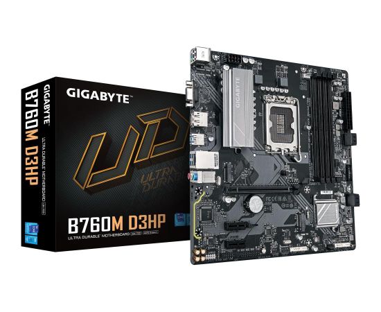 Mainboard GIGABYTE Intel B760 Express LGA1700 Micro-ATX Memory DDR5 Memory slots 4 2xPCI-Express 3.0 1x 1xPCI-Express 4.0 16x 2xM.2 1x15pin D-sub 1xHDMI 1xDisplayPort 2xUSB 2.0 5xUSB 3.2 1xUSB-C 1xPS/2 1xRJ45 3xAudio port B760MD3HP1.0