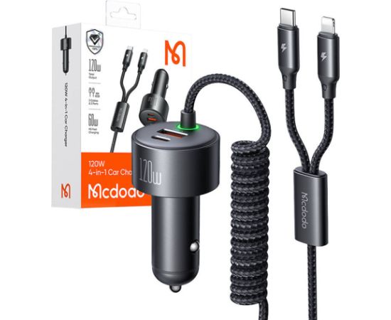 Mcdodo CC-0370 car charger, USB-C, Lightning, 120W, retractable cables