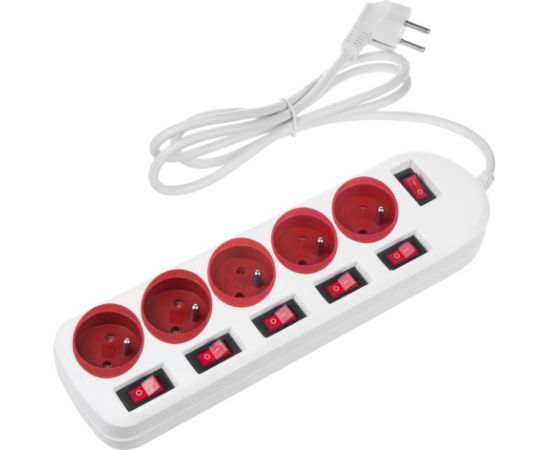 Maclean power strip, 5 socket extension cable, with switches, 250VAC/10A, 1.5m, MCE204 R/W