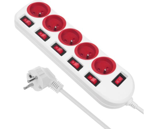 Maclean power strip, 5 socket extension cable, with switches, 250VAC/10A, 1.5m, MCE204 R/W