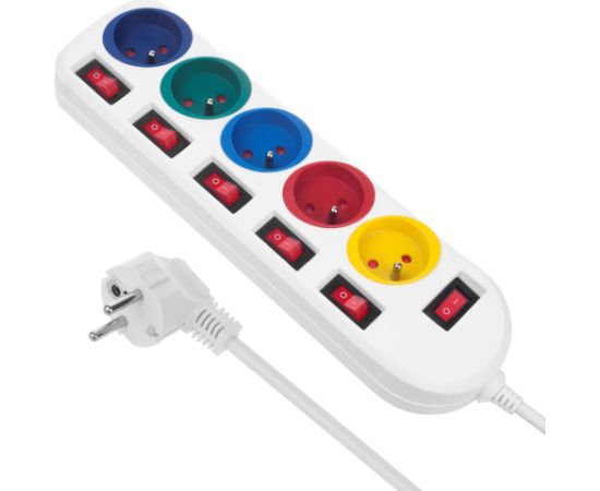 Maclean power strip, 5 socket extension cable, with switches, 250VAC/10A, 1.5m, MCE204 M/W