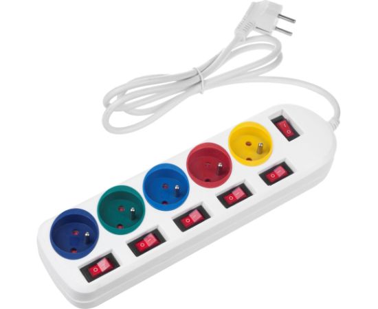 Maclean power strip, 5 socket extension cable, with switches, 250VAC/10A, 1.5m, MCE204 M/W