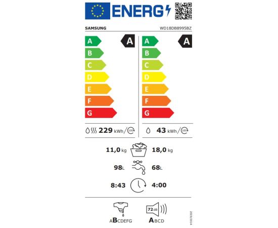 Samsung WD18DB8995BZT2 veļas mazg. mašīna ar žāvētāju 18/11kg siltumsūknis