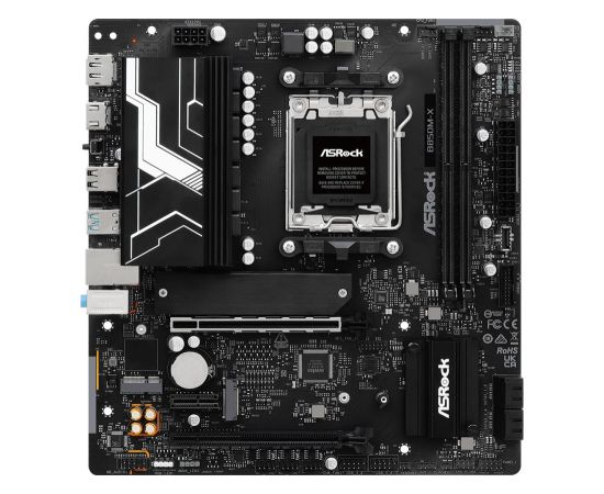 Mainboard ASROCK AMD B850 SAM5 Micro-ATX Memory DDR5 Memory slots 2 1xPCI-Express 4.0 1x 2xPCI-Express 4.0 16x 1xM.2 1xHDMI 1xDisplayPort 1xAudio-In 1xAudio-Out 1xMicrophone 2xUSB 2.0 3xUSB 3.2 1xUSB-C 1xRJ45 B850M-X