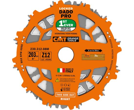 Rievu griešanas disks ''dado'' CMT 230; 203x30x12; -12°