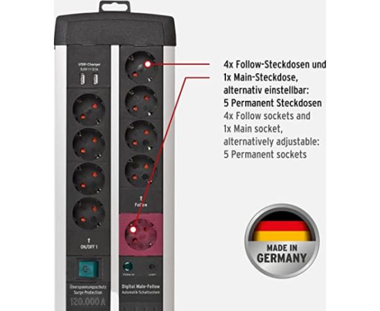 Brennenstuhl Premium-Protect-Line, 11-way duo, power strip (black/silver, 120,000A surge protection, 3 meters)