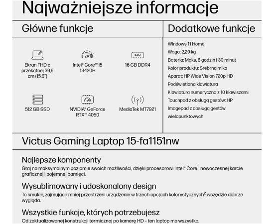 HP Victus 15-fa1151nw i5-13420H 15,6"FHD AG IPS 144Hz 16GB SSD512 RTX 4050_6GB BLKB 70Wh Win11 2Y Mica Silver