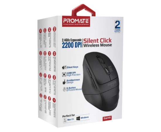 Promate Samit Silent Click Ergonomiskā Bezvadu pele 2.4GHz / 2200 DPI