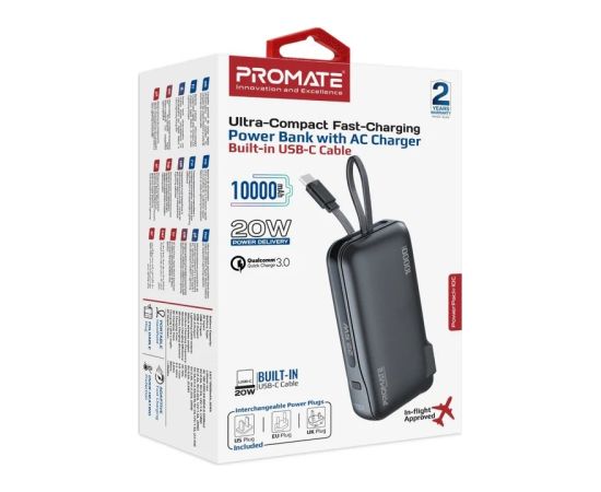 Promate PowerPack-10C Переносная зарядная батарея 22W / 10000mAh / USB-C PD / 220V EU/US/UK