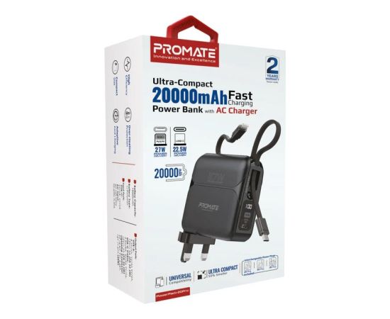 Promate PowerPack-20Pro Ārējas uzlādes baterija 27W / 20000mAh / USB-C PD / Lightning / 220V EU/US/UK