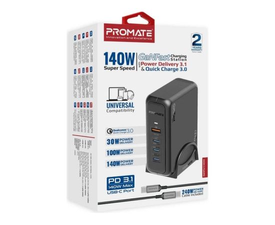 Promate GaNPort-140W GaNFast™ Зарядная станция 140W / USB-C PD 3.1 / QC3.0