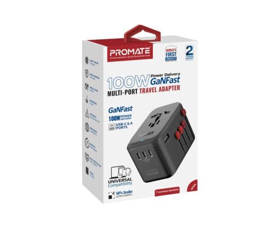 Promate TripMate-GaN100 GaNFast™ Универсальное зарядное устройство 100W / EU/US/UK/AU