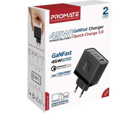 Promate PowerPort-45 GaNFast™ Зарядное устройство 45W / QC3.0 / PD45W