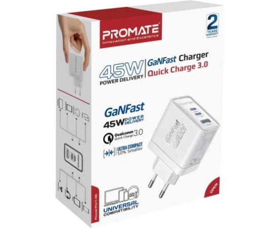 Promate PowerPort-45 GaNFast™ Зарядное устройство 45W / QC3.0 / PD45W