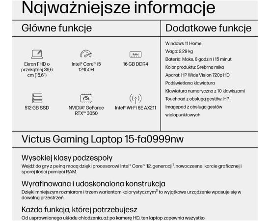 HP Victus 15-fa0999nw i5-12450H 15,6"FHD AG IPS 144Hz 16GB SSD512 RTX 3050_4GB BLKB 70Wh Win11 2Y Mica Silver