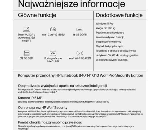 HP EliteBook 840 G10 Intel® Core™ i7 i7-1355U Laptop 35.6 cm (14") WUXGA 16 GB DDR5-SDRAM 512 GB SSD Wi-Fi 6E (802.11ax) Windows 11 Pro Silver