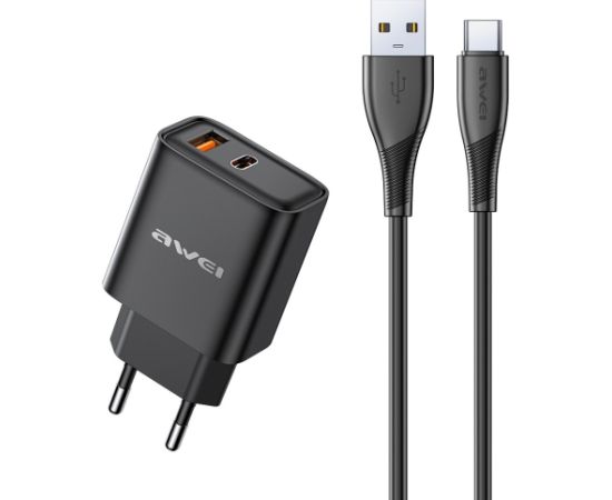 Сетевая зарядка Awei PD81T-EU 22.5W USB-A/USB-C + USB-A to USB-C cable 1.0m черная