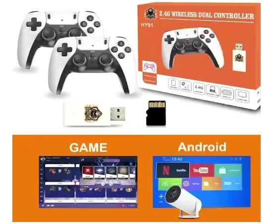 GameBox HY01 64bit Retro 20K Spēļu 4K USB stika konsola preikš Android ierīcēm x2 bezvadu kontrolieri Balta