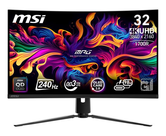 MSI MPG 321CURXDE QD-OLED - OLED-Monitor - Gaming - gebogen - 81.3 cm (32") (31.5" sichtbar) - 3840 x 2160 UHD @ 240 Hz - 1000 cd/m2 - 1500000:1 - DisplayHDR 400 True Black - 0.03 ms - 2xHDMI, DisplayPort, USB-C - Schwarz