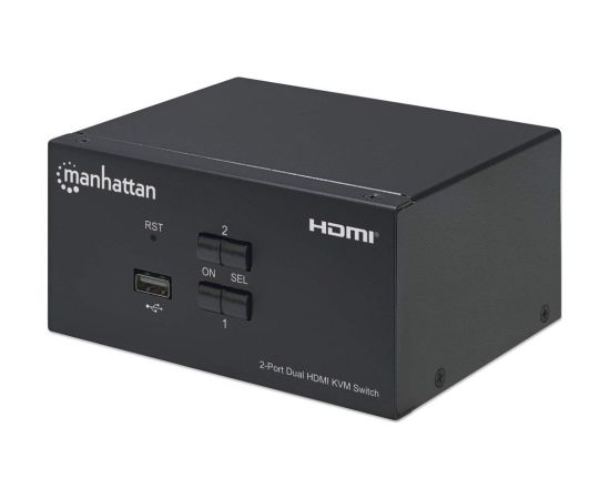 Manhattan HDMI KVM Switch 2-Port, 4K@30Hz, USB-A/3.5mm Audio/Mic Connections, Cables included, Audio Support, Control 2x computers from one pc/mouse/screen, USB Powered, Black, Three Year Warranty, Boxed