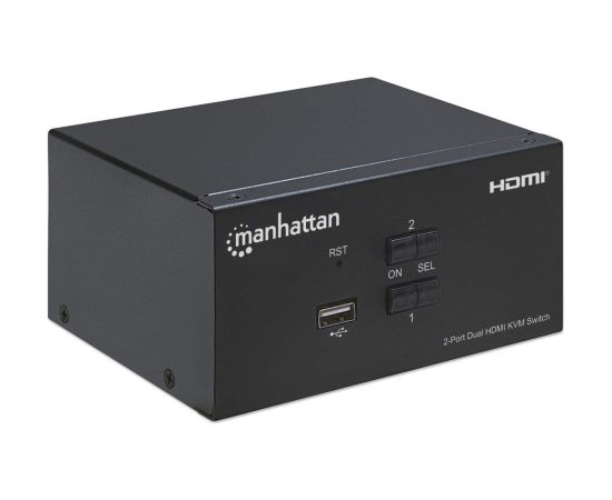 Manhattan HDMI KVM Switch 2-Port, 4K@30Hz, USB-A/3.5mm Audio/Mic Connections, Cables included, Audio Support, Control 2x computers from one pc/mouse/screen, USB Powered, Black, Three Year Warranty, Boxed