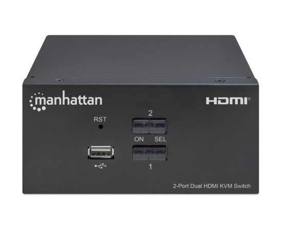 Manhattan HDMI KVM Switch 2-Port, 4K@30Hz, USB-A/3.5mm Audio/Mic Connections, Cables included, Audio Support, Control 2x computers from one pc/mouse/screen, USB Powered, Black, Three Year Warranty, Boxed