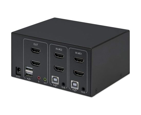 Manhattan HDMI KVM Switch 2-Port, 4K@30Hz, USB-A/3.5mm Audio/Mic Connections, Cables included, Audio Support, Control 2x computers from one pc/mouse/screen, USB Powered, Black, Three Year Warranty, Boxed