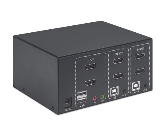 Manhattan HDMI KVM Switch 2-Port, 4K@30Hz, USB-A/3.5mm Audio/Mic Connections, Cables included, Audio Support, Control 2x computers from one pc/mouse/screen, USB Powered, Black, Three Year Warranty, Boxed