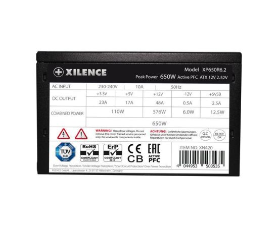 Power Supply XILENCE Performance C+   XP650R6.2 650 Watts Efficiency 80 PLUS PFC Active XN421BULK