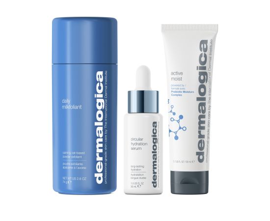 Smooth + Hydrate Set Dermalogica: Daily Milkfoliant, Exfoliating, Exfoliating Powder, 74 g + Active Moist, Prebiotics, Hydrating, Cream, For Face, 50 ml + Circular Hydration, Hyaluronic Acid, Serum, For Face, 30 ml For Women