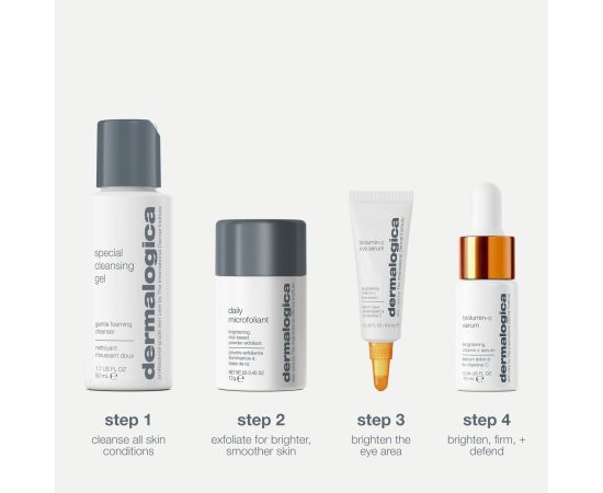 Cleanse + Brighten Set Dermalogica: Special, Cleansing Gel, For Face, 50 ml + Daily Microfoliant, Exfoliating, Exfoliating Powder, 13 g + Biolumin-C, Vitamin C, Brightening, Serum, For Face, 10 ml + Biolumin-C, Illuminating, Eye Serum, 6 ml Unisex